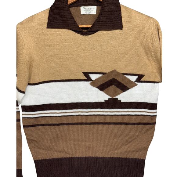 Greentree Vintage 70s Tan Brown Stripe Collar Pullover Sweater Men Large - Picture 2 of 8